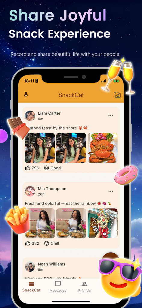 SnackCat - Friends and Share - SnackCat app interface showing a social feed where users share photos of seafood and snacks with friends