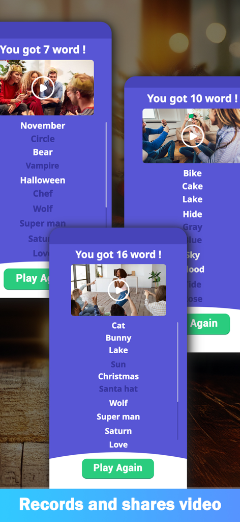 Party Charades: Guessing Game - Screenshot of Party Charades game results screen showing video recordings and guessed words from a party session.