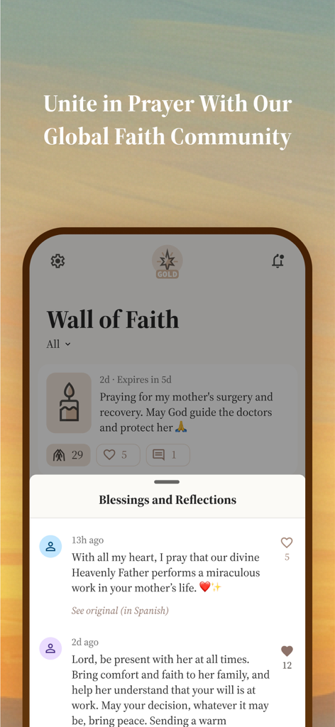 Faithy app Wall of Faith feature showing community prayer requests and blessings.