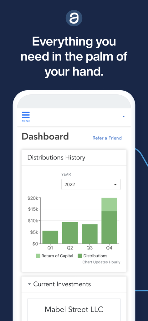Investor-Portal - Investor-Portal mobile app dashboard featuring investment distribution history and current real estate holdings