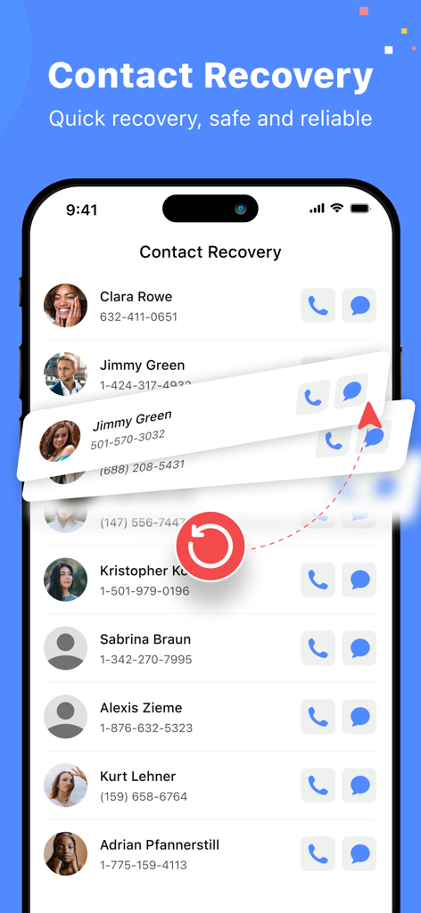 MobiSaver: Data&Photo Recovery - iPhone screen showing contact recovery list in MobiSaver app