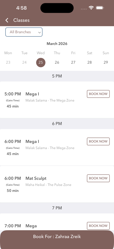 ALIVE - Mega 및 Mat Sculpt 세션 예약 옵션이 있는 ALIVE 앱의 피트니스 수업 일정.