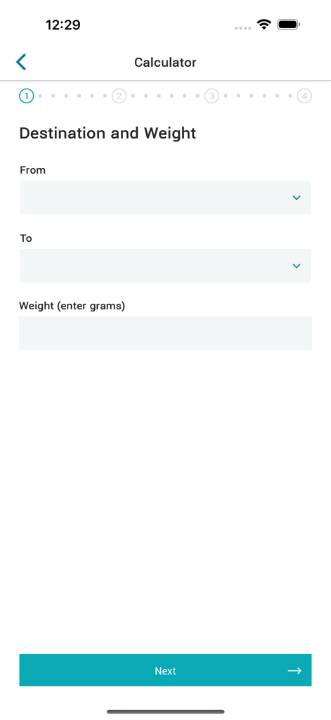 Georgian Post - Shipping cost calculator screen in the Georgian Post app showing destination and weight inputs