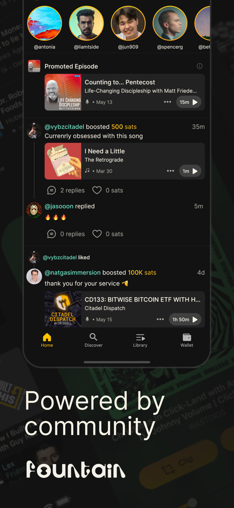 A screenshot of the Fountain podcast player home feed showing social interactions and community boosts
