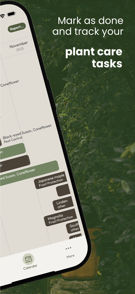GROWeR: Gardening guide - A mobile interface of the GROWeR app showing a calendar for tracking plant care tasks like frost protection and pest control