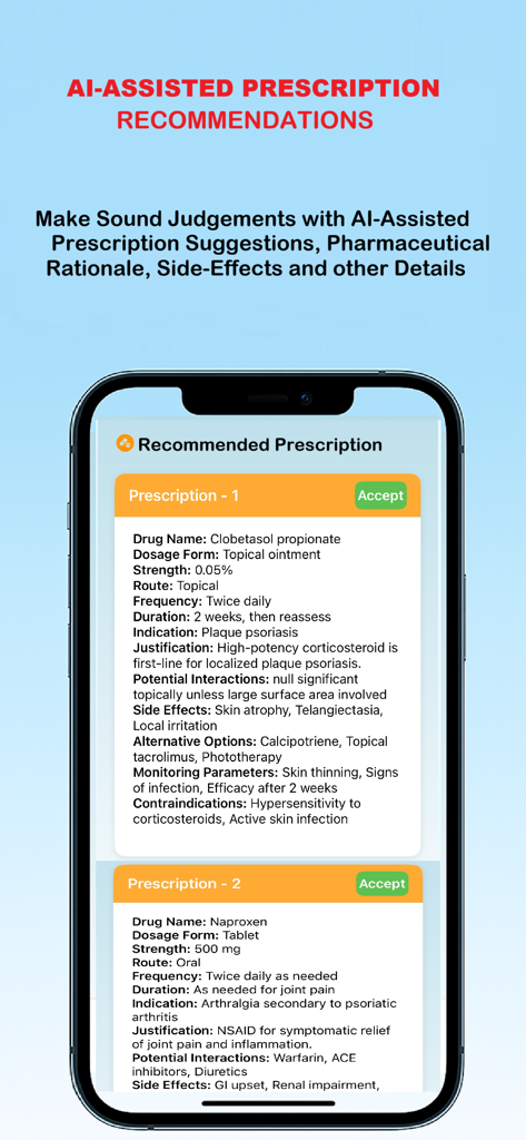 Smartphone screen displaying AI-assisted medical prescription recommendations with detailed drug information and justification