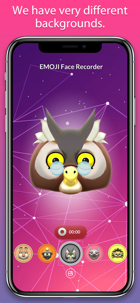 Interface de l'application EMOJI Face Recorder présentant un avatar de hibou avec des lunettes et un arrière-plan géométrique violet.