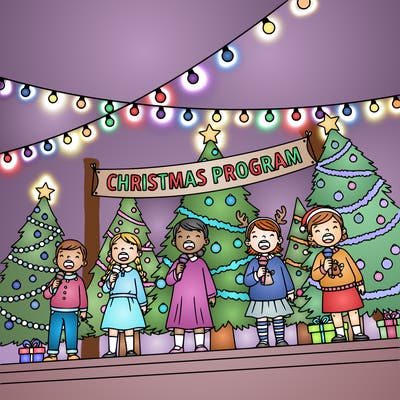 little kids singing on stage at a christmas program.  include christmas decorations
