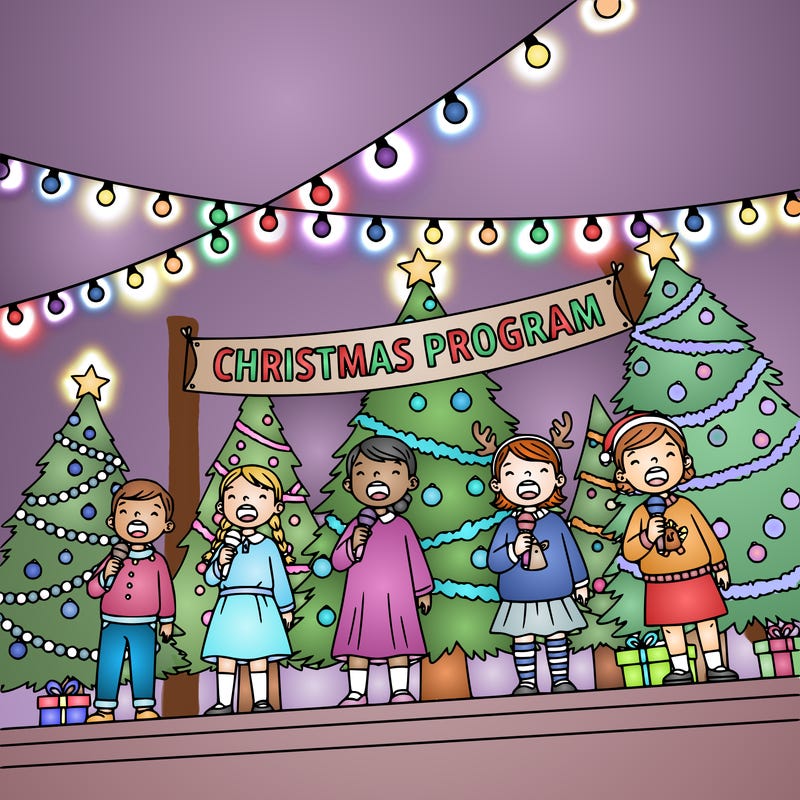 little kids singing on stage at a christmas program.  include christmas decorations