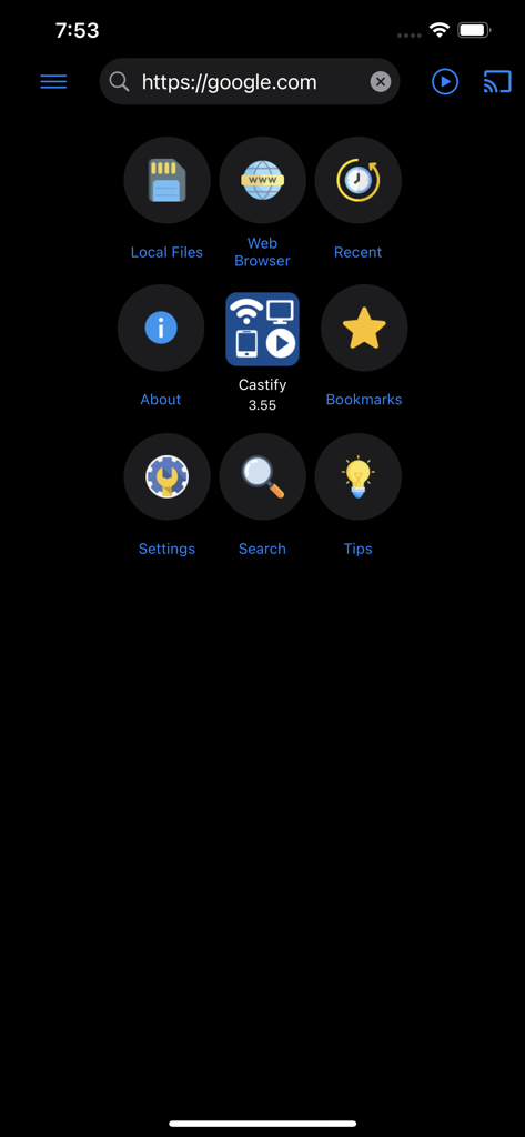 Main menu of the Castify app displaying navigation icons for web browser, local files, and bookmarks.