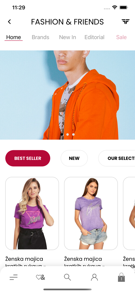 Fashion&Friends - Página de inicio de la app móvil Fashion and Friends que muestra prendas de los más vendidos