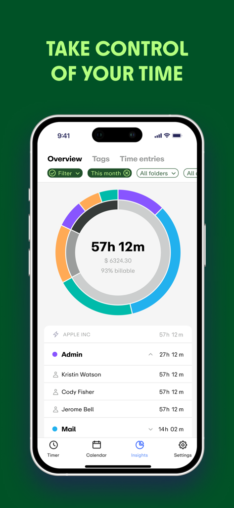 EARLY: Time Tracking - Early app interface showing a time tracking dashboard with billable hours and a productivity donut chart