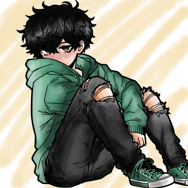 a male hoddie ripped jeans messy hair anime
