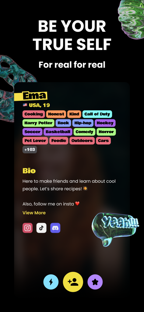 Un profil utilisateur sur l'application Renz montrant des étiquettes d'intérêt comme le gaming et les films, ainsi que des liens vers les réseaux sociaux comme Instagram et TikTok