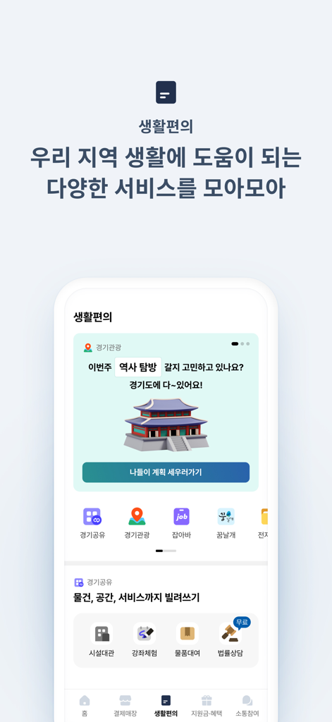 경기지역화폐 - Uno screenshot dell'app Gyeonggi Local Currency che mostra vari servizi di comodità per la vita locale come turismo e ricerca di lavoro