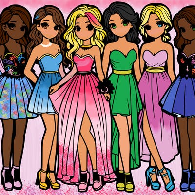 group of six teenage girls in prom dresses