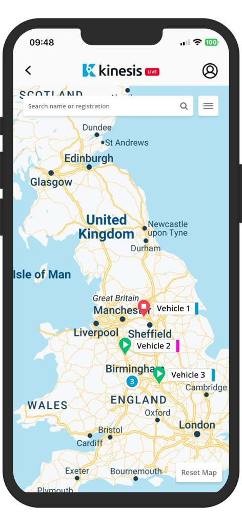Kinesis - Kinesis app interface displaying a live map of the United Kingdom with real-time fleet vehicle tracking markers.