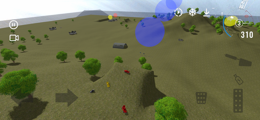 Car Crash Simulator in Space - High-angle view of the sandbox environment in Car Crash Simulator in Space featuring hills, trees, and small vehicles.