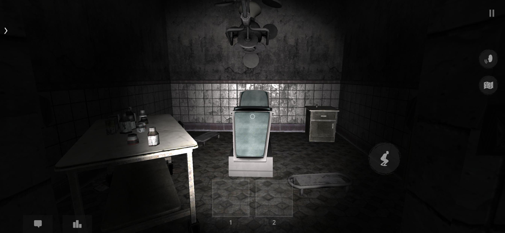 A dark and creepy hospital room featuring a medical chair in the horror game The Ghost.