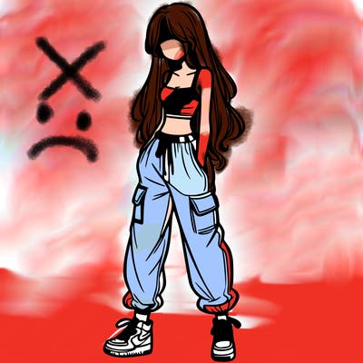 girl in baggy pants crop top and long hair