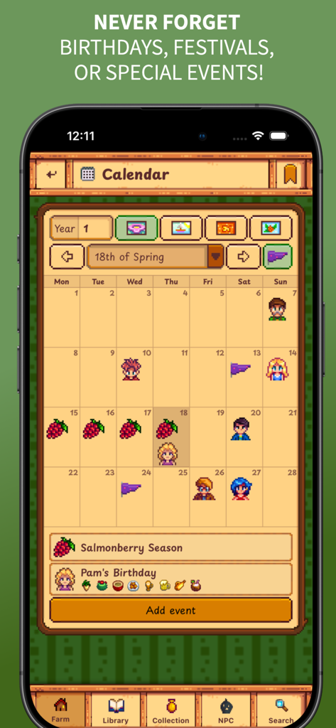 Gunther's Library for Stardew - 村人の誕生日と季節のイベントを含む詳細なStardew Valleyカレンダーを表示するモバイルアプリのスクリーンショット