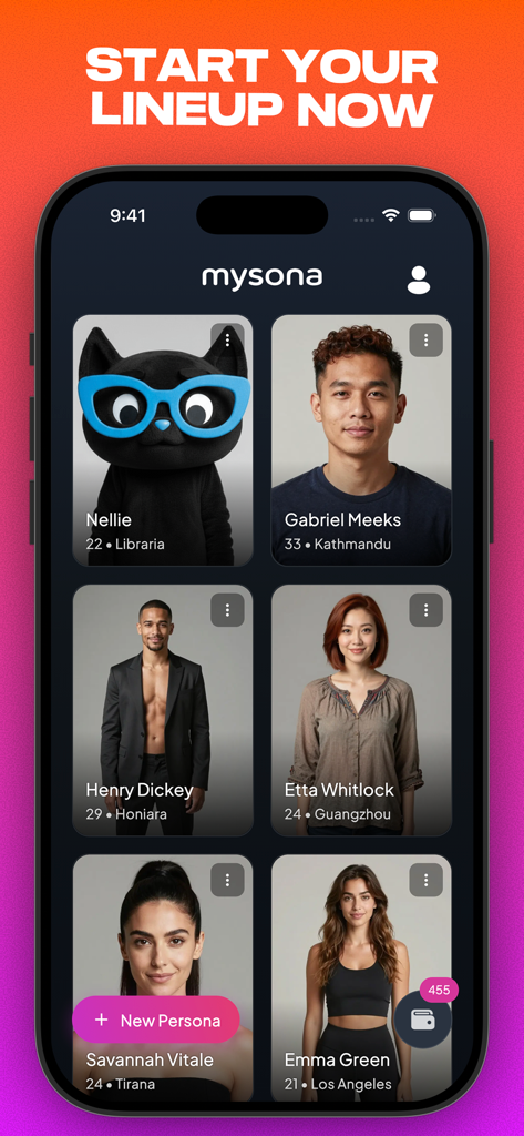 Mysona: AI Influencer Creator - Dashboard of Mysona app showing a lineup of diverse AI-generated virtual influencer personas with their names and profiles.