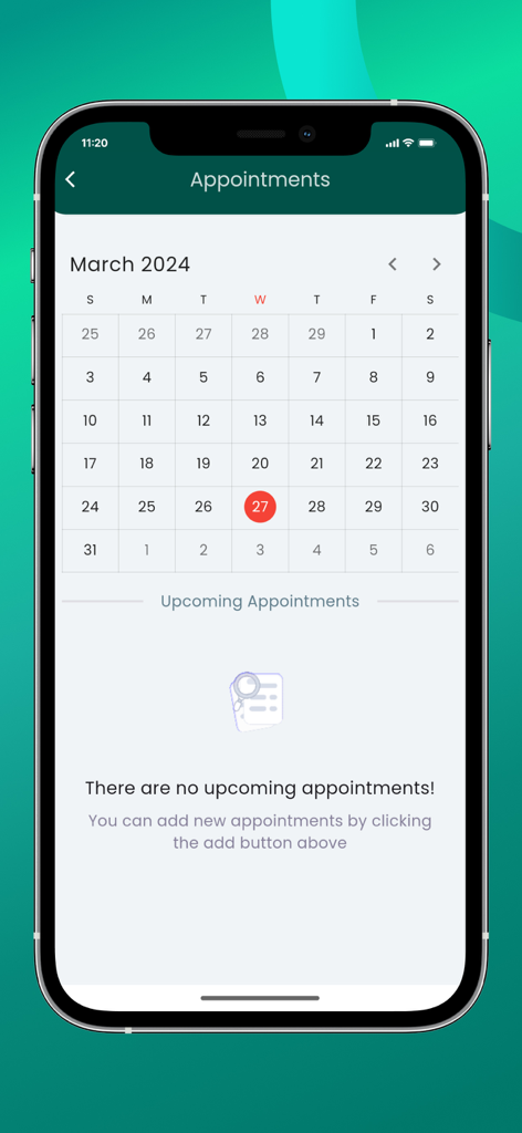 SEVIA - Interfaz de citas de la aplicación SEVIA que muestra un calendario mensual para marzo de 2024 sin citas próximas programadas.