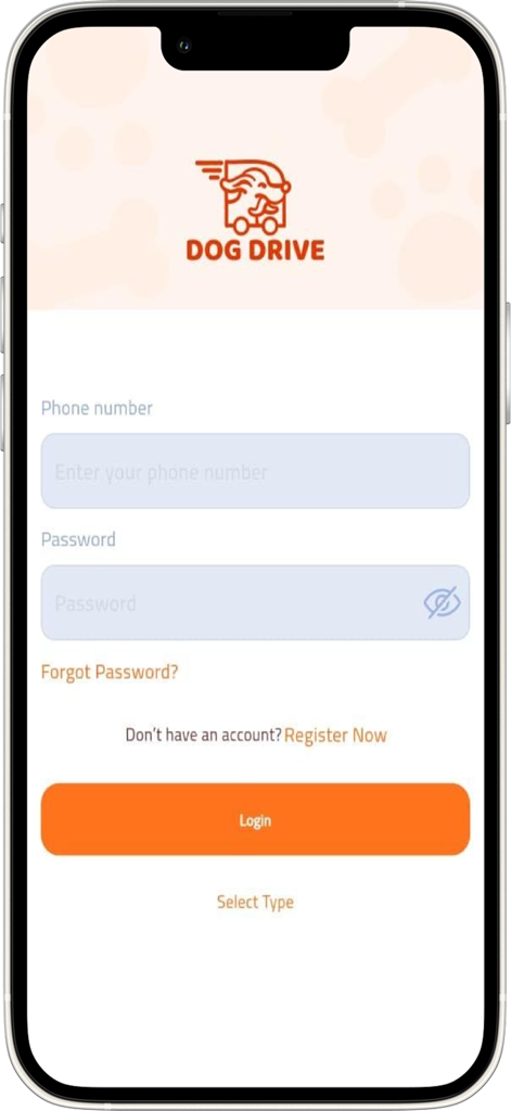Dog Drive - Pantalla de inicio de sesión de la aplicación Dog Drive con campos de número de teléfono y contraseña y un botón de inicio de sesión naranja