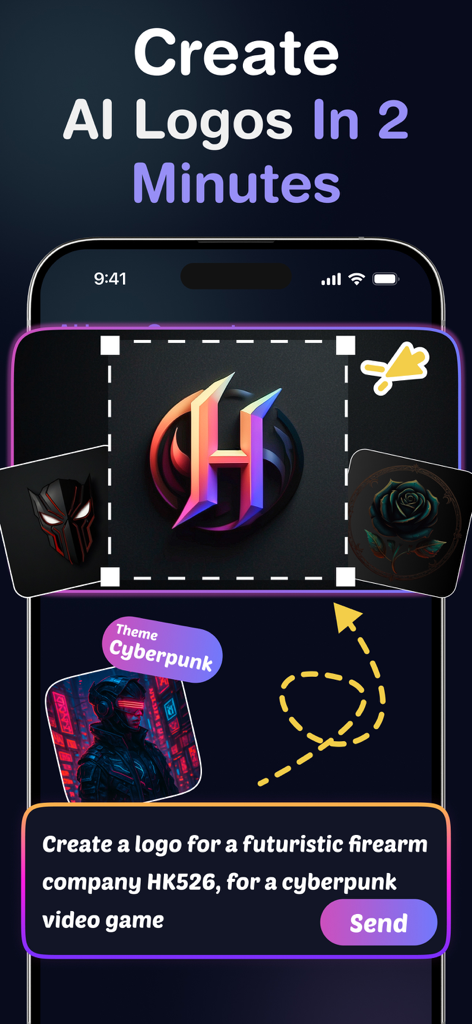 AI Logo Maker App - LookAI - LookAI mobile app interface showing the generation of a cyberpunk style logo using an AI prompt