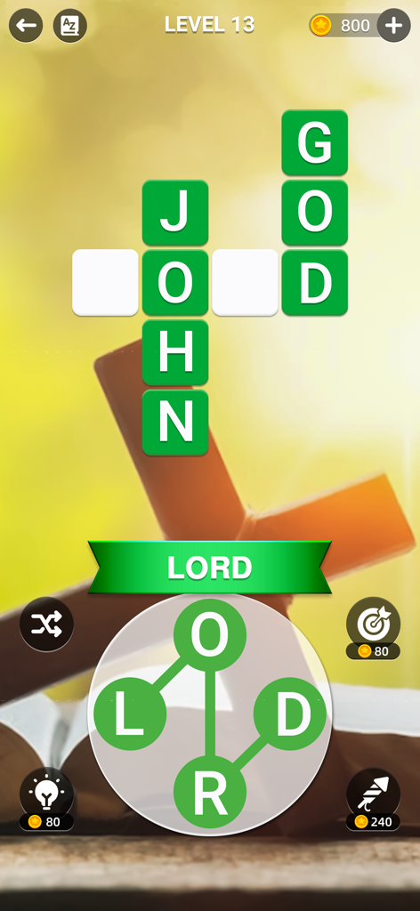 Holyscapes - Bible Word Game - Gameplay of Holyscapes Bible word game showing a crossword puzzle with words John and God over a cross background
