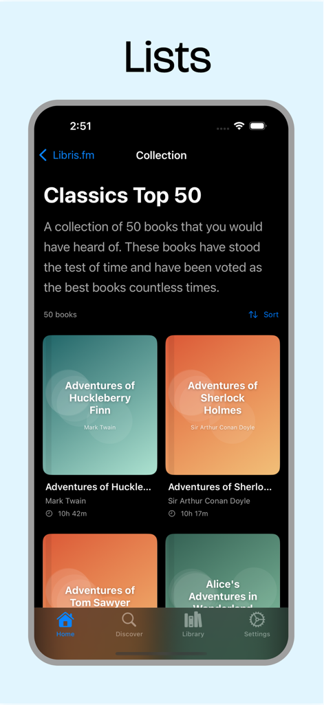 LibriVox! - La interfaz de la aplicación LibriVox mostrando la colección Clásicos Top 50 con audiolibros narrados por humanos como Sherlock Holmes y Huckleberry Finn.