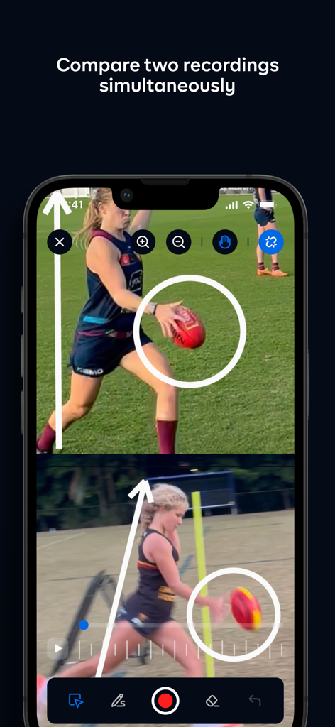 Enhanced Coach - Split screen view of the Enhanced Coach app comparing two athlete recordings with technical annotations