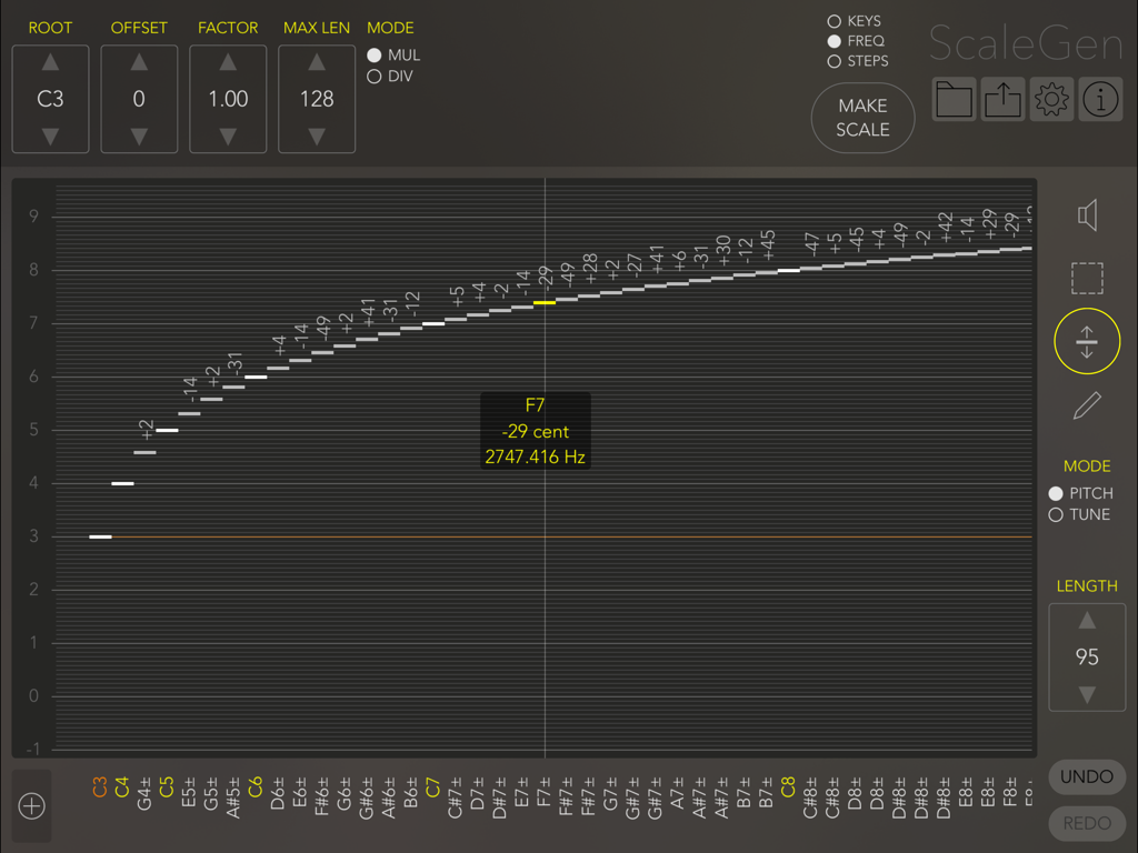 ScaleGen - Interface of the ScaleGen app showing a frequency and pitch matrix for designing custom microtonal musical scales
