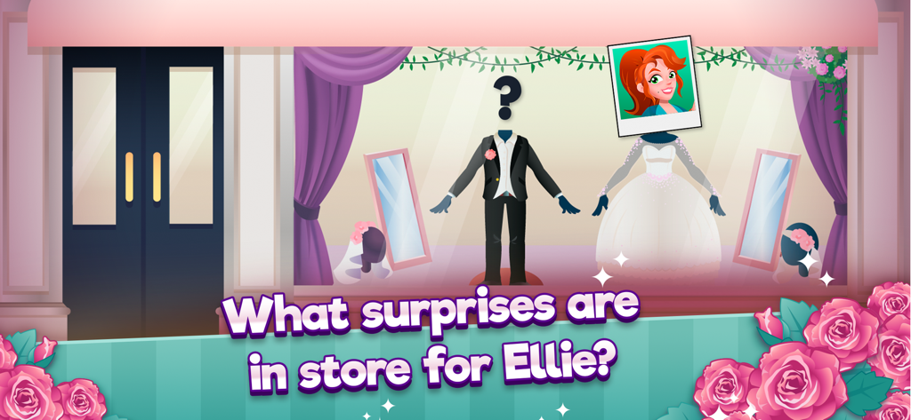 Ellie's Wedding Journey - 신부샵 창문에서 신비로운 신랑 옆에 웨딩드레스를 입은 엘리 모습