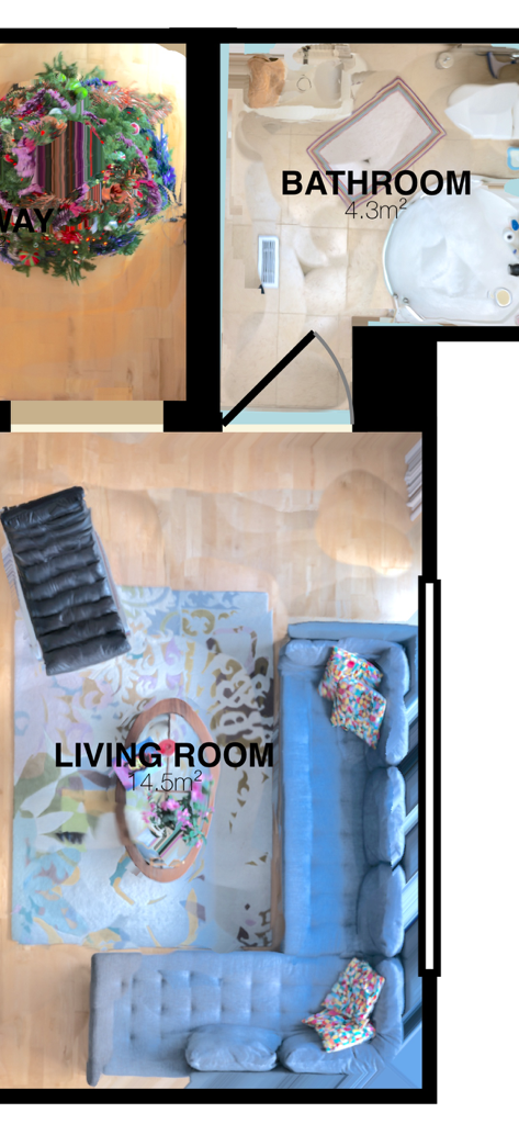 RoomScan Classic - Visão superior da planta baixa de uma sala de estar e banheiro com medidas de área em metros quadrados