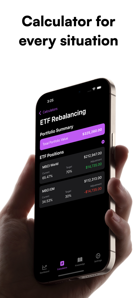 Smartphone screen displaying the Investr app ETF rebalancing calculator with portfolio summary and investment positions.