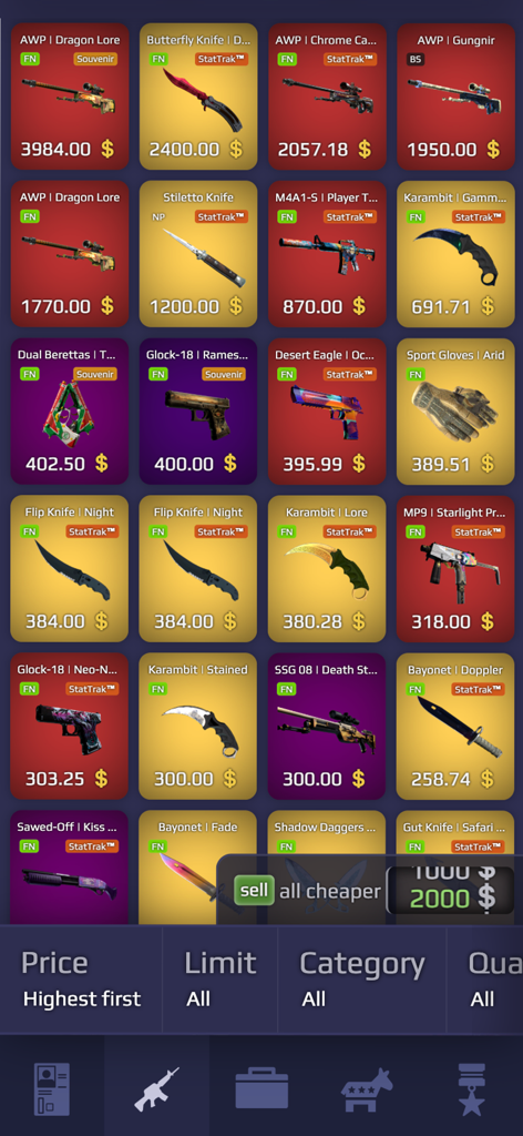 Pantalla de inventario de Case Royale que muestra skins de armas raras y sus precios virtuales