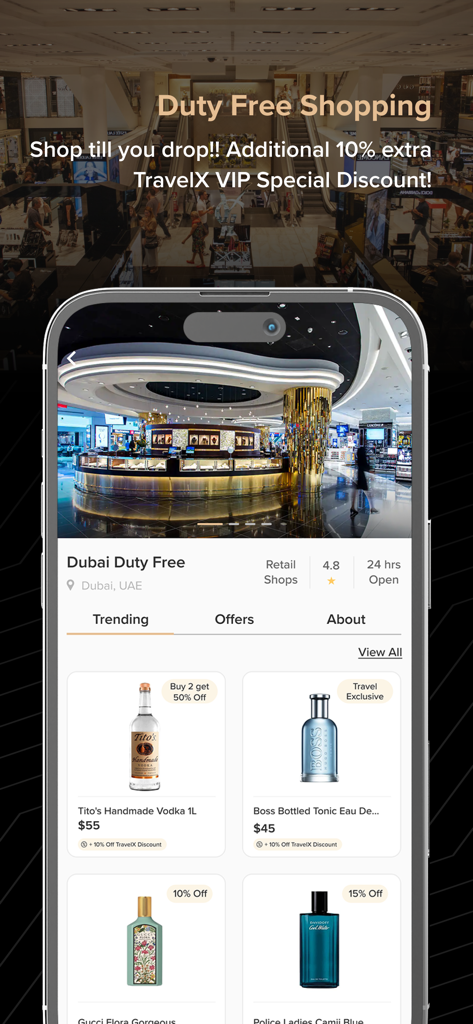 Travel VIP - Travel VIP app screen displaying duty free shopping offers and exclusive discounts at Dubai airport