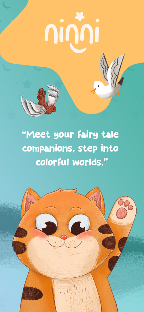 Kids Sleep Story Audio Book - Pantalla de bienvenida de la aplicación de cuentos para dormir infantiles Ninni con un tigre naranja saludando y pájaros volando