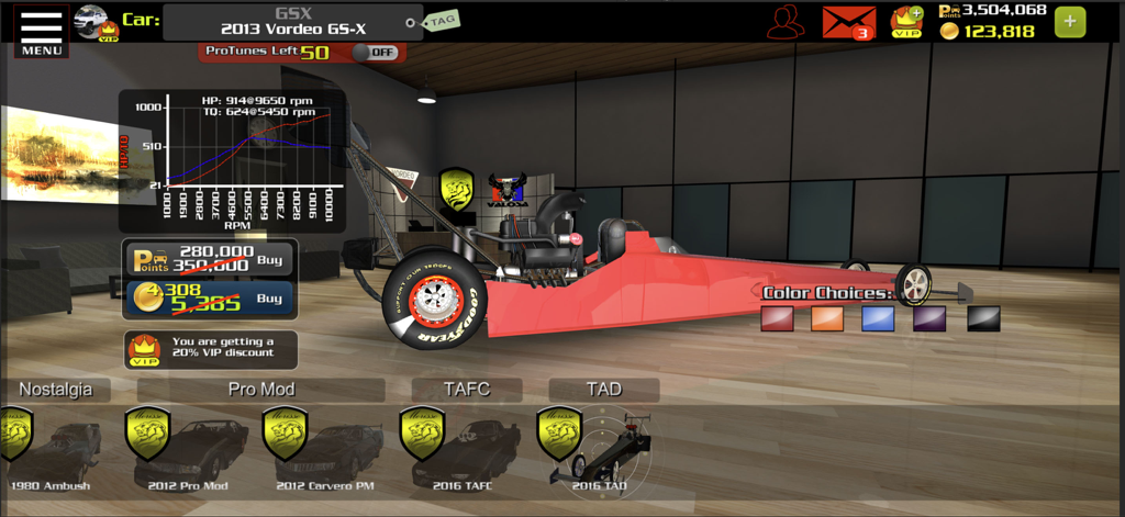 A red dragster in the garage with technical engine tuning data and car selection options