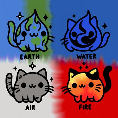 4 cats that represent the different elements, earth, water, air, and fire