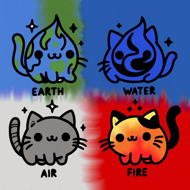 4 cats that represent the different elements, earth, water, air, and fire