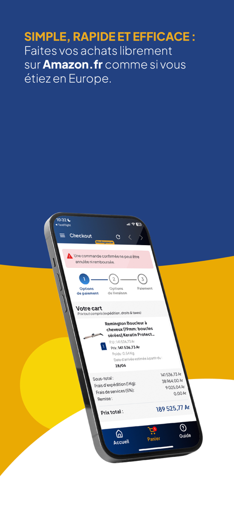 Cart'In - Cart'In app screenshot showing a checkout process for an Amazon France product with shipping and price details