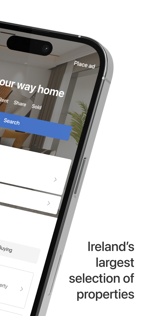 Daft.ie - Pantalla de inicio de la app móvil Daft.ie mostrando opciones de búsqueda de propiedades en Irlanda
