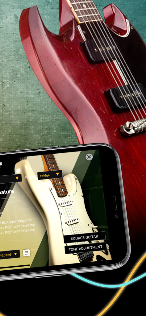 Un smartphone que muestra la función Guitar Match en la aplicación BIAS FX 2 con una guitarra eléctrica vintage de fondo