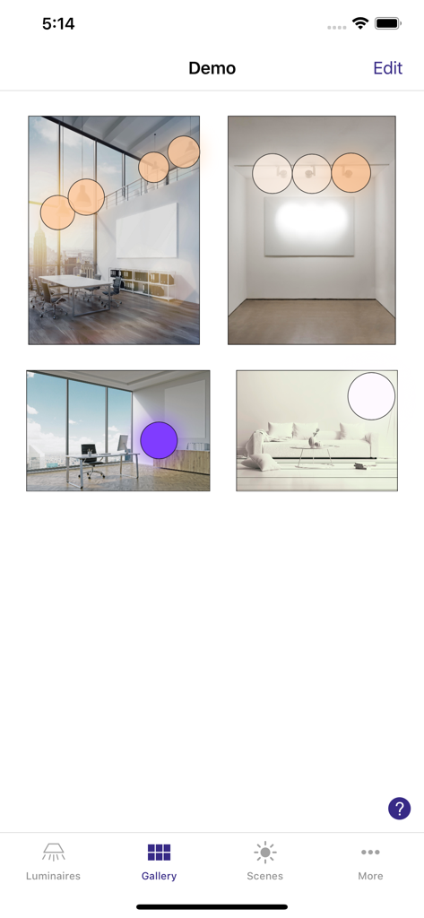 4remote BT - Una vista de galería en la aplicación 4remote BT que muestra varias configuraciones de sala con iconos interactivos de control de luz.