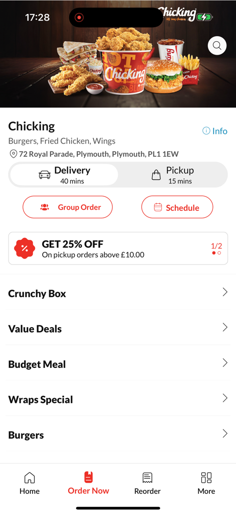 Chicking - Mobile screen of the Chicking app showing fried chicken menu categories and delivery options.