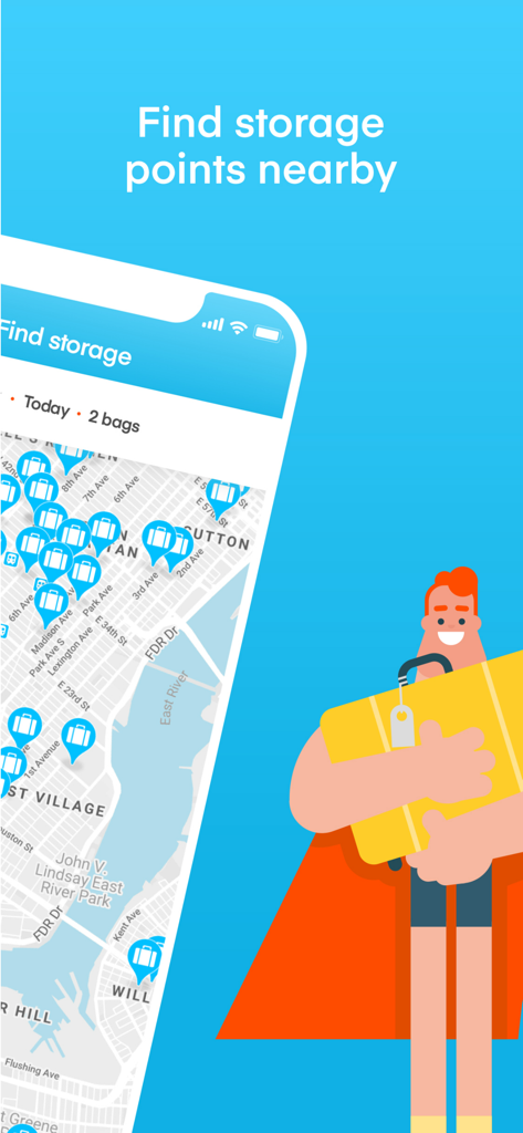 LuggageHero: Luggage Storage - Interface de l'application LuggageHero montrant une carte de ville avec des lieux de consigne disponibles et un personnage de super-héros