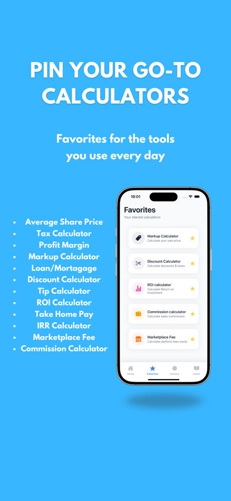 Compound Interest Calculator # - A mobile app screen titled Favorites showing a list of pinned financial tools like ROI and Markup calculators