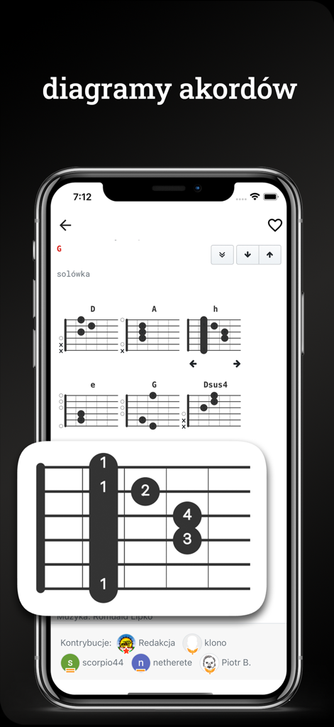 Songbook - Teléfono inteligente mostrando diagramas de acordes de guitarra en la aplicación Songbook